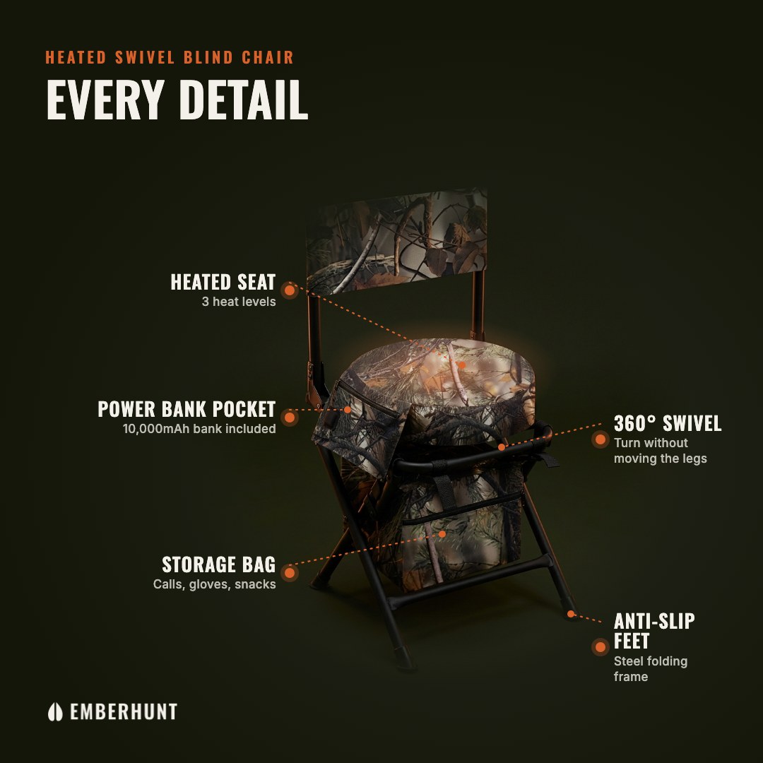 Chair details: heated seat, power bank pocket with the included power bank, storage bag, 360-degree swivel, anti-slip feet