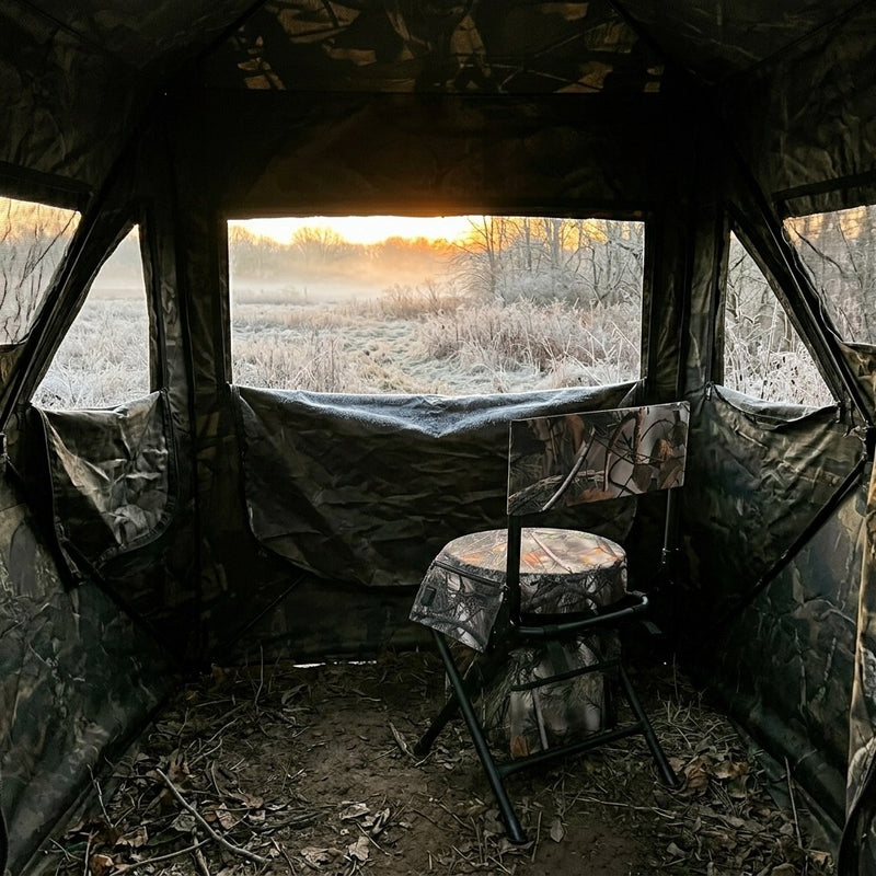 Heated swivel blind chair inside a ground blind at sunrise