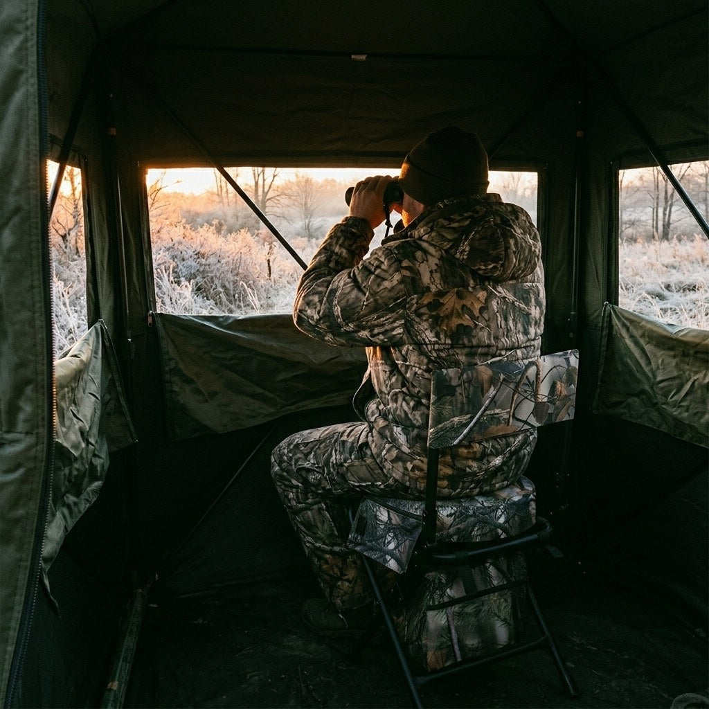 Hunter seated on the swivel chair in a ground blind, glassing a frosty field