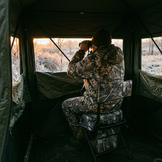 Hunter seated on the swivel chair in a ground blind, glassing a frosty field
