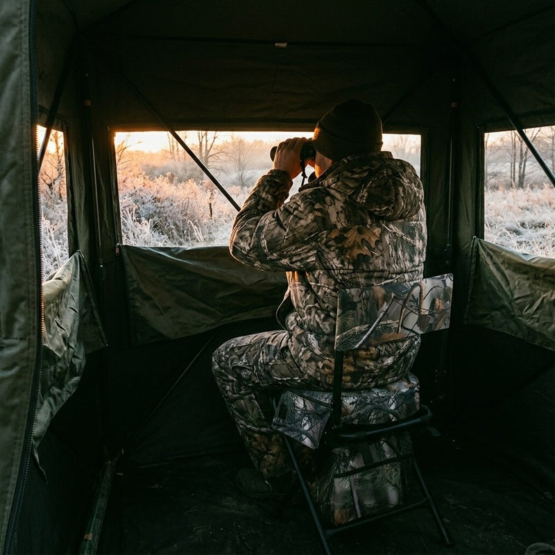 Hunter seated on the swivel chair in a ground blind, glassing a frosty field