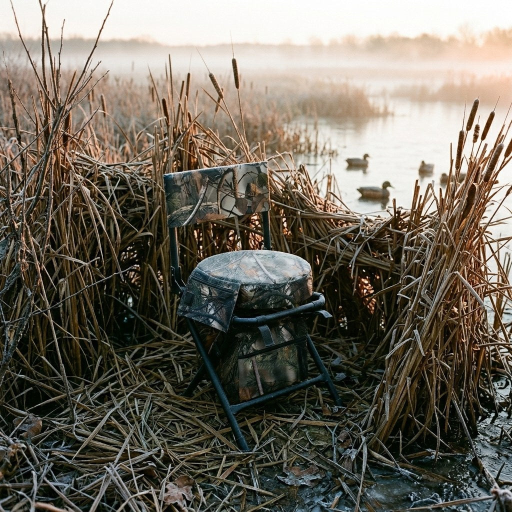 Swivel blind chair set in a reed duck blind on a misty marsh