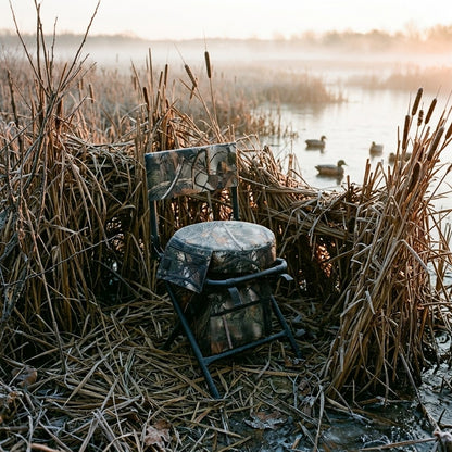 Swivel blind chair set in a reed duck blind on a misty marsh