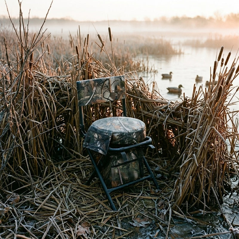 Swivel blind chair set in a reed duck blind on a misty marsh