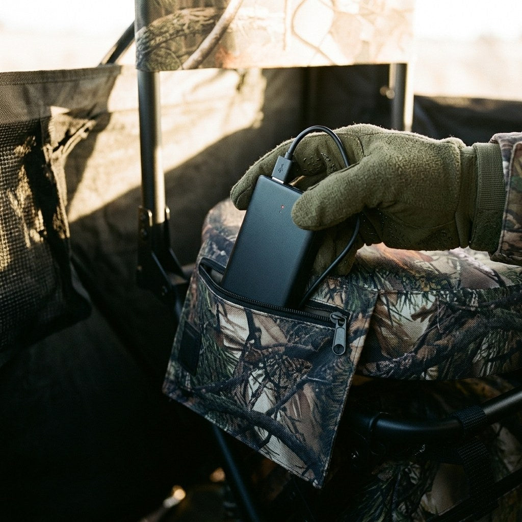 Gloved hand sliding the power bank into the chair's zippered side pocket