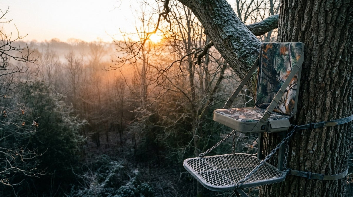 Heated seat on a tree stand at dawn