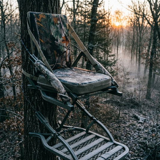 Emberhunt heated hunting seat with backrest strapped to a tree stand at dawn