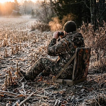 Hunter sitting on the self-supporting heated seat at the edge of a frosty field