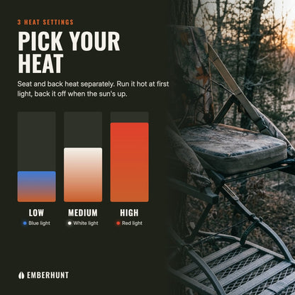 Three heat levels: low (blue light), medium (white light), high (red light)