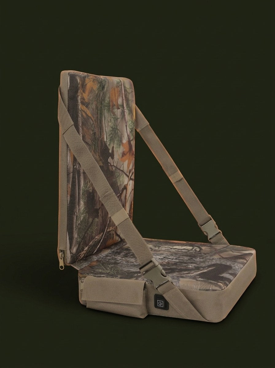 Side view of the heated seat showing the backrest, straps and side pocket