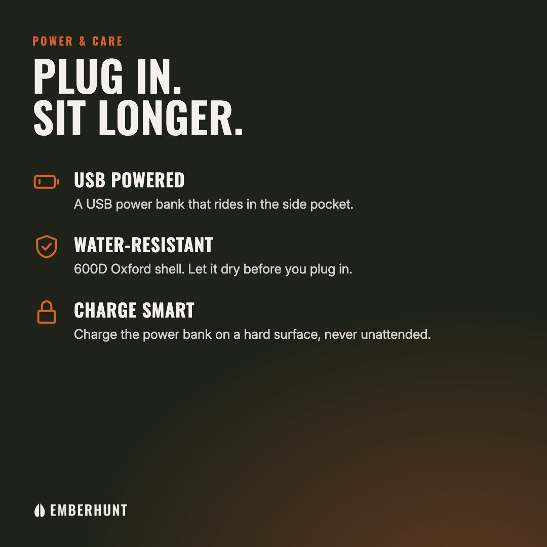 Powered by a USB power bank, water-resistant 600D Oxford shell