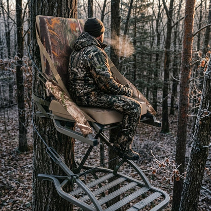 Hunter sitting on the heated seat in a tree stand on a cold morning