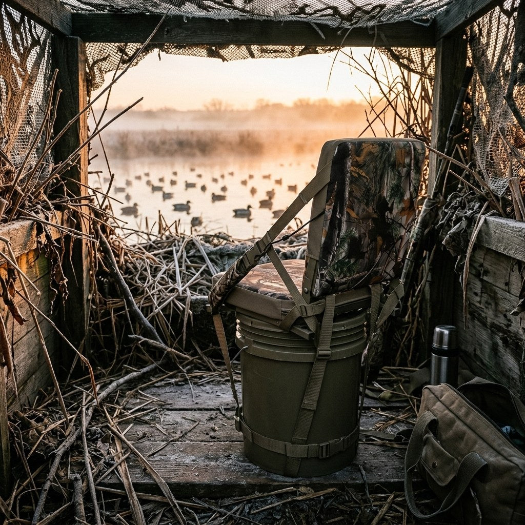 Heated seat strapped to a bucket in a duck blind at sunrise
