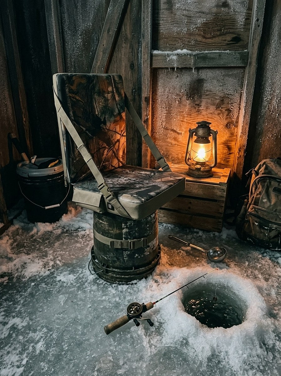 Heated seat on a bucket inside an ice fishing shanty