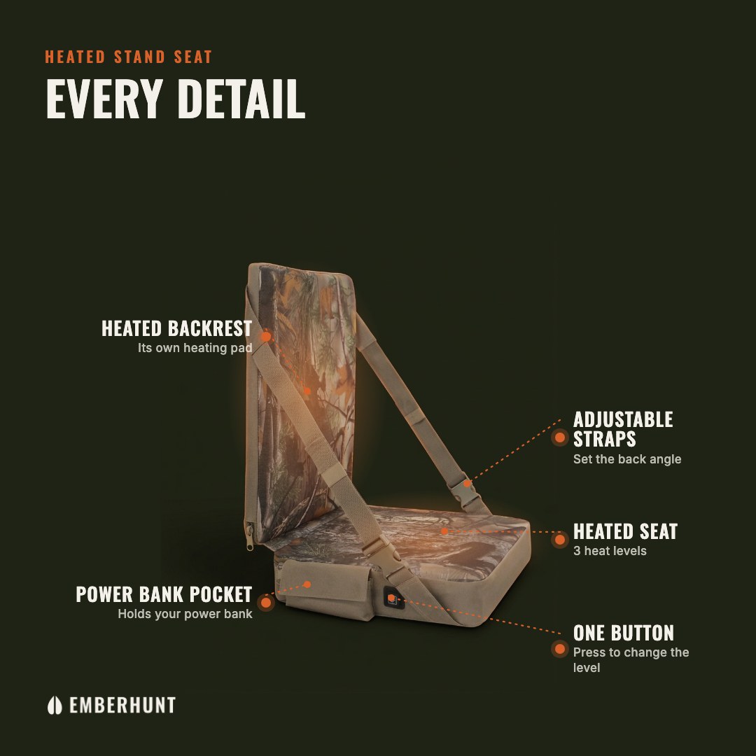 Heated seat details: heated backrest, heated seat, adjustable straps, power bank pocket, one-button control